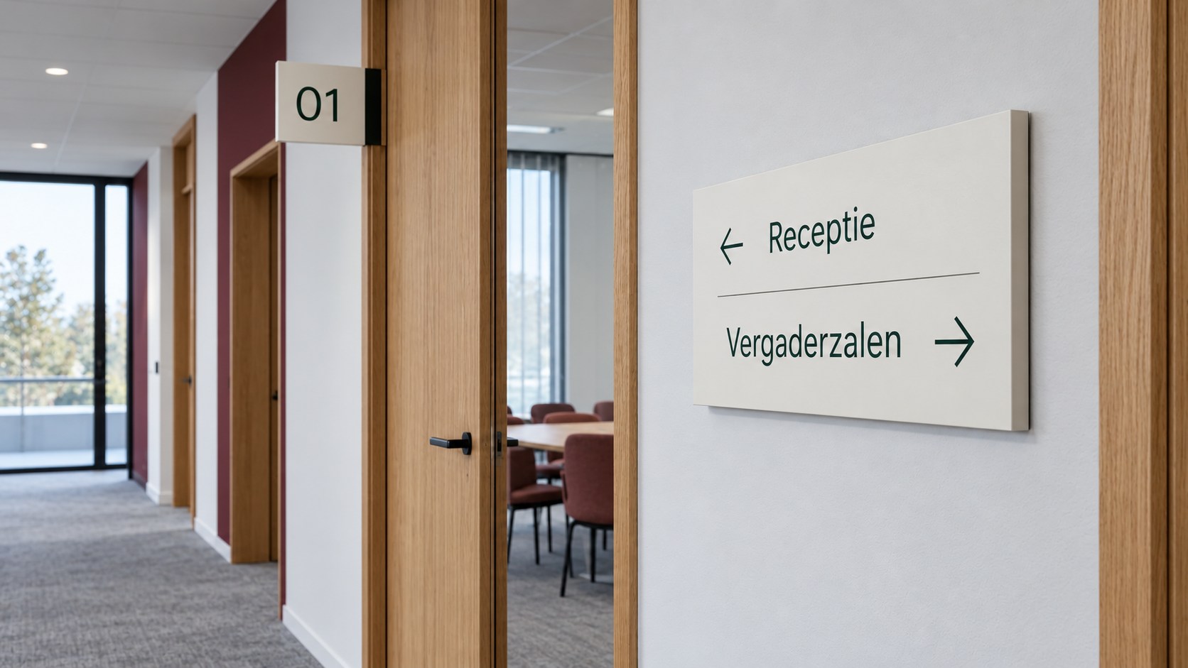 Wandbord met pijlen naar receptie en vergaderzalen, gecombineerd met een bijpassend kamernummerbord.