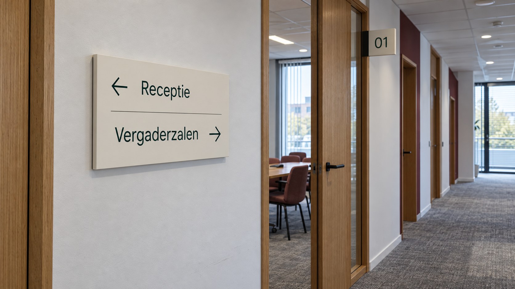 Wandbord met pijlen naar receptie en vergaderzalen, gecombineerd met een bijpassend kamernummerbord.